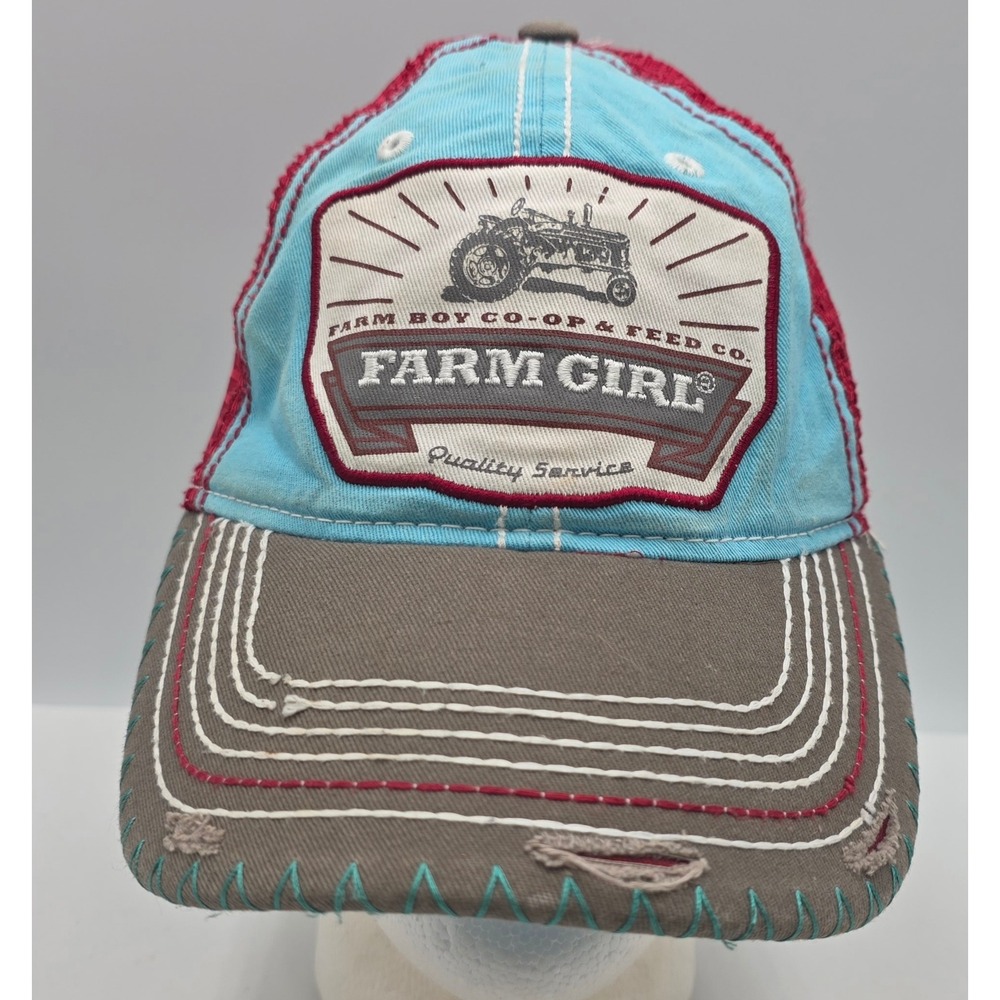 Farm Girl Brand Trucker Hat Snapback Blue Red Distressed Mesh Back Cap Tractor